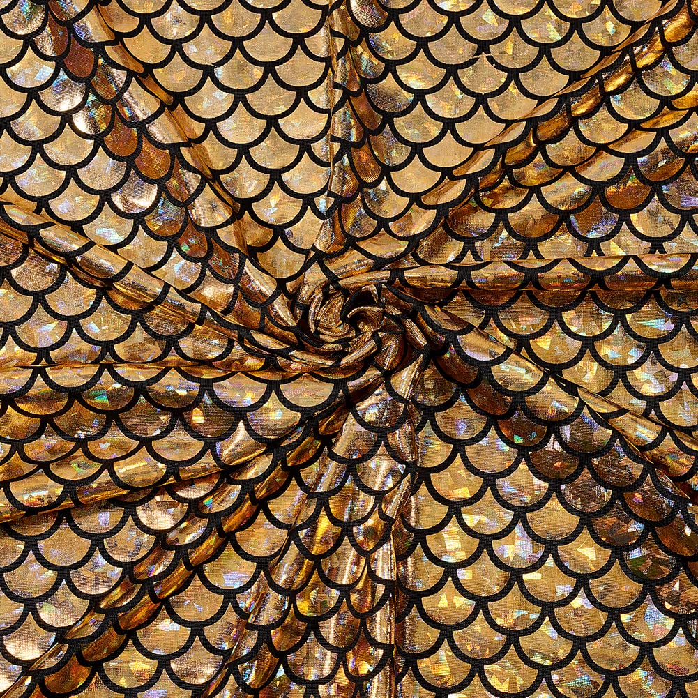 FINGERINSPIRE Mermaid Scales Iridescent Khaki Sparkly Hologram Spandex Fabric, 100x150cm, 2 Way Stretch, Mermaid Printed Fish Scale Fabric for DIY Craft, Party Decor