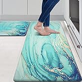 MAYHMYO Kitchen Rugs and Mats Set of 2 Teal Marble Gold Anti Fatigue Mat PVC Non Slip Turquoise Foam Cushioned Kitchen Mats for Floor Dining Room Home Office Sink Laundry