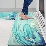 MAYHMYO Kitchen Rugs and Mats Set of 2 Teal Marble