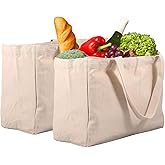 2pcs Canvas Grocery Bags with Handles,Large Capacity Grocery Shopping Bags, Heavy Duty Reusable Grocery Tote Bags With 6 Inner Pockets, Machine Washable Canvas Grocery Bag for Grocery Store Camping