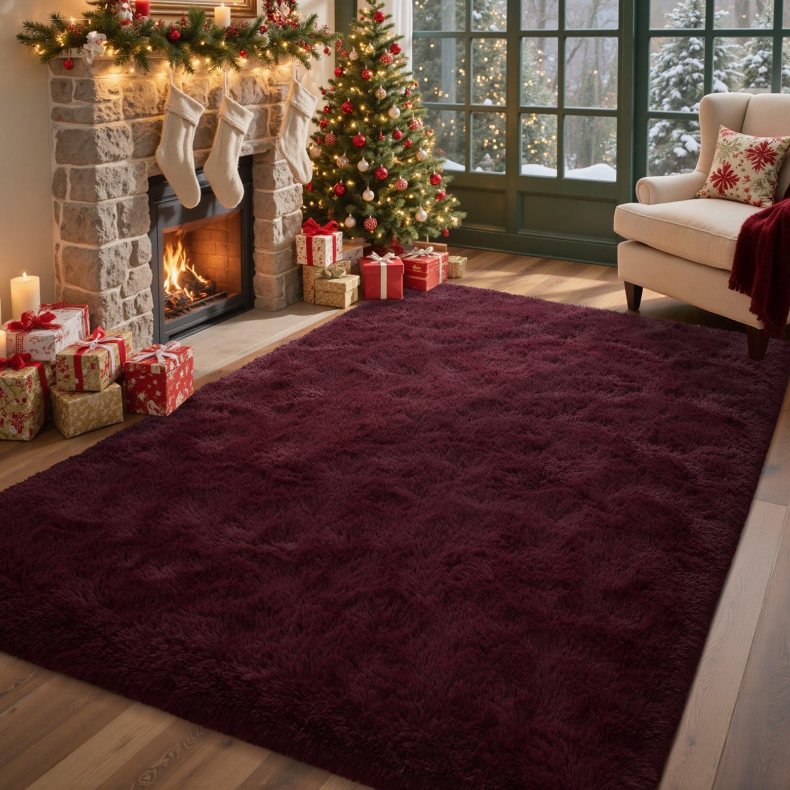 Red Area Rugs for Bedroom 3x5 Shag Fur Rug, Modern Non-Slip Soft Plush Carpets for Girls Woman Female Living Wedding Room Home Décor Aesthetic Dark