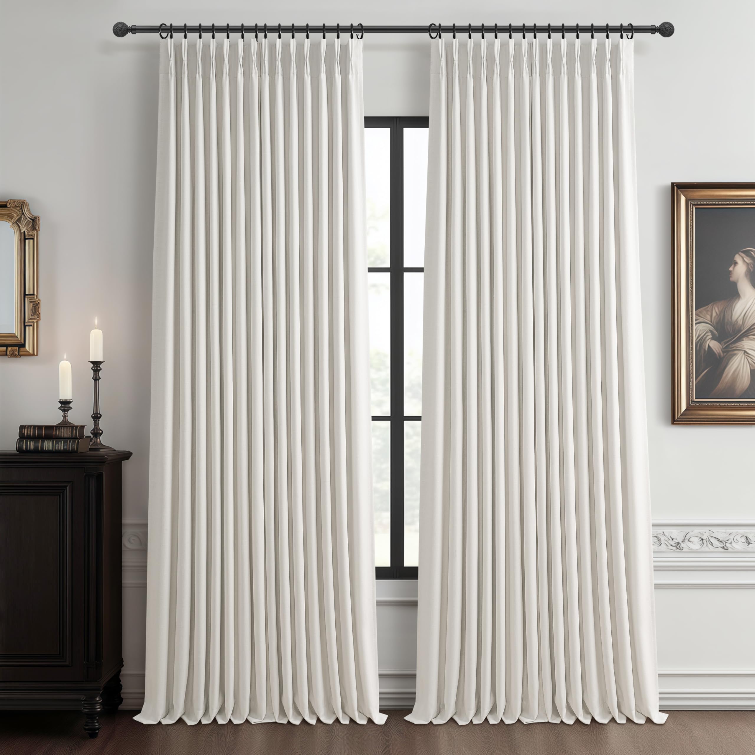 Photo 1 of Pinch Pleat Extra Long High Ceiling 120 Inch Curtains for Living Room 2 Panels Set, Cottage Core Blackout Flax Linen Beige White Luxury Windows Curtain with Back Tab 40 x 120 Inches Long Large Drapes