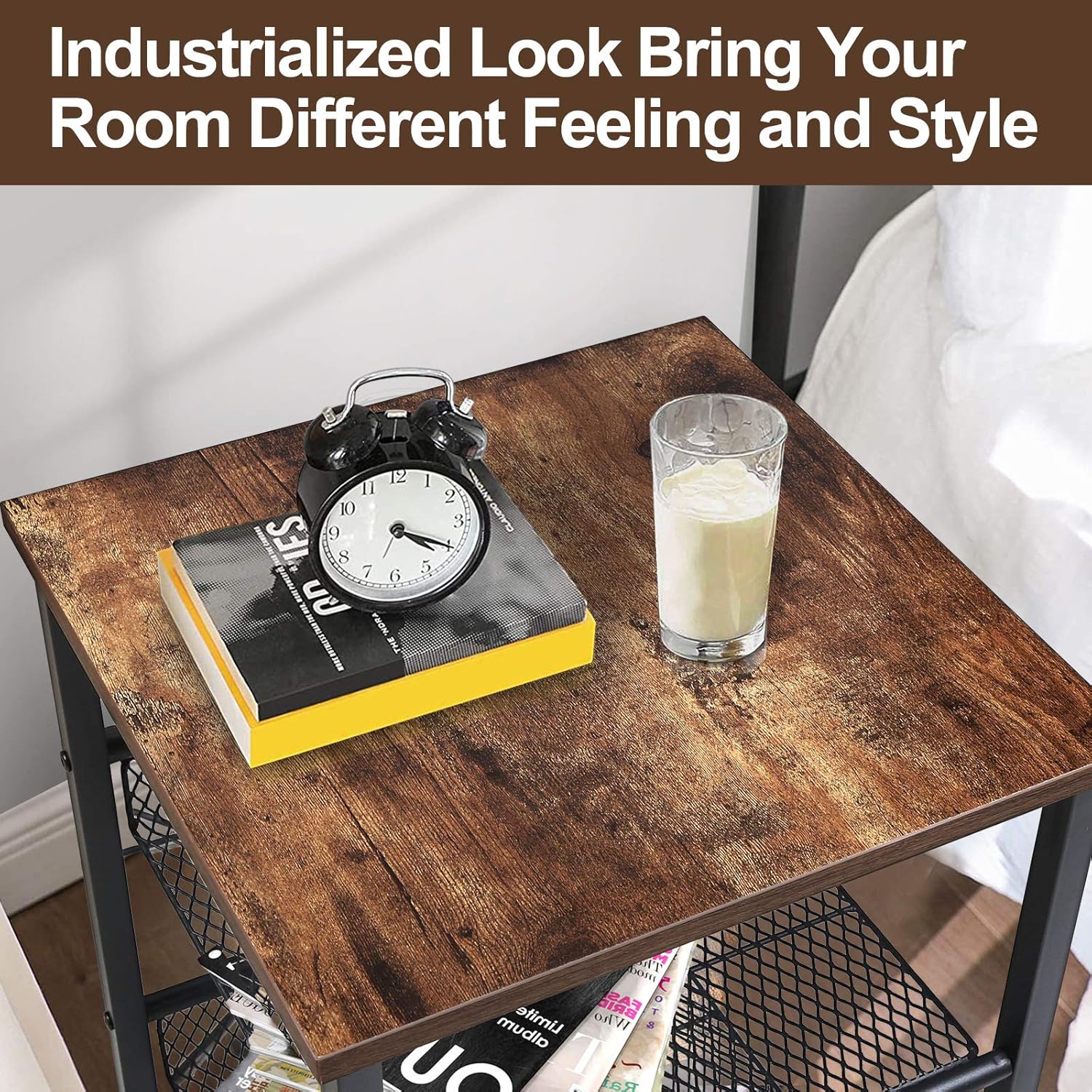 Tomcare 2 Pack End Table Nightstands 3 Tier Side Tables Set Night Stands with Metal Mesh Storage Shelves Industrial Night Tables with Metal Frame Solid Wood Small Tables for Living Room Bedroom: Home & Kitchen