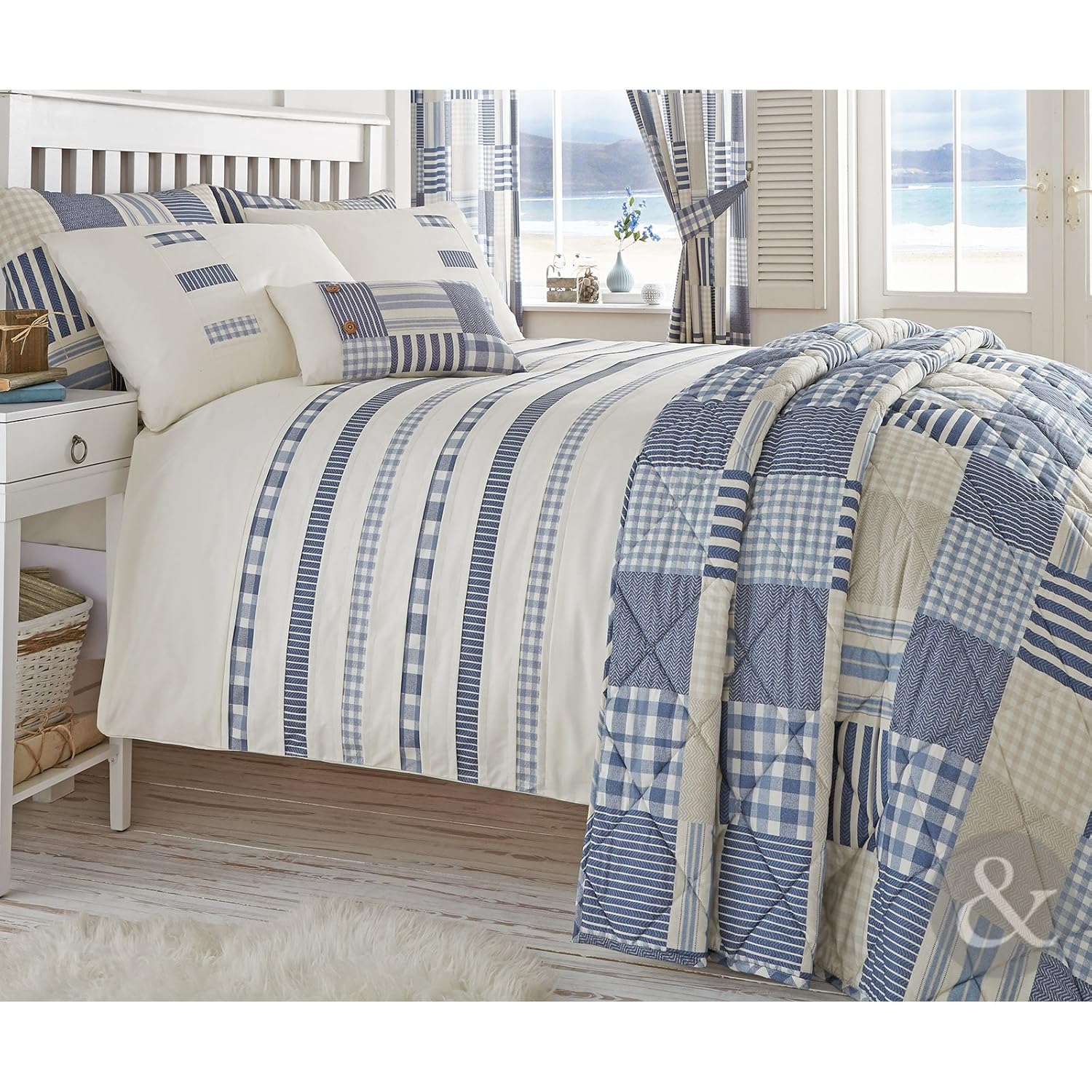 Nautical Stripe Duvet Quilt Cover Cream & Blue Bedding Bed Set