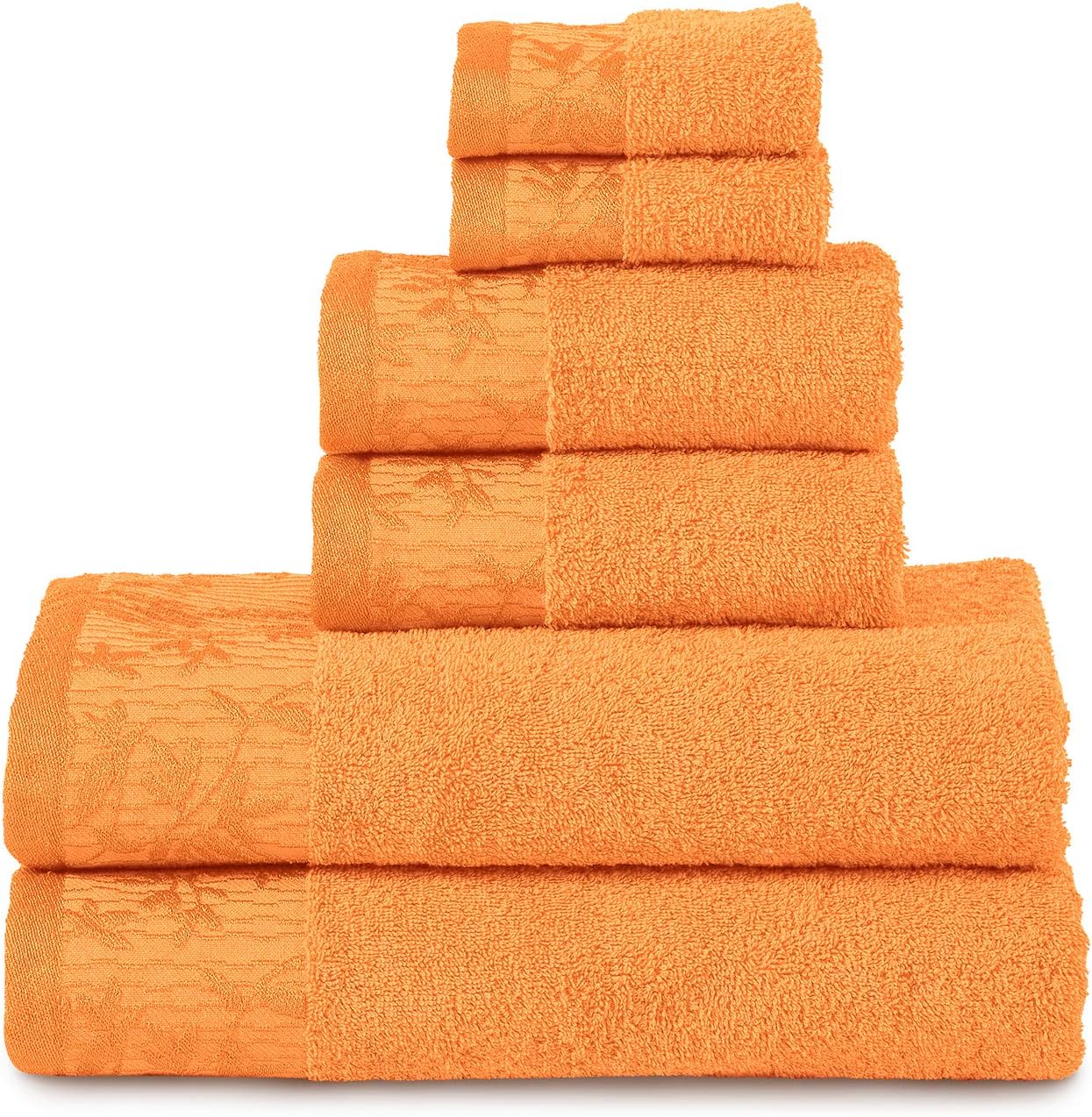 Superior6 Piece Cotton Towel Set, Floral Jacquard Dobby Border, Quick Dry, Decorative Bathroom, Shower, Bath, Includes 2 Body, 2 Hand, 2 Face Towels/Washcloths, Wisteria Collection, Mandarin Orange