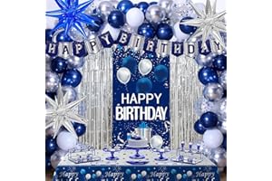 Blue Silver Birthday Decorations for Men Women, Happy Birthday Decorations Set for Boys Girls, Navy Blue Happy Bday Door Bann