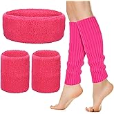 Quilax Neon Leg Warmers for Women Headband Wristbands, 90s Pink Leg Warmers Sweatband Set, 80s Workout Outfit for Women Girls Athletic Sports Yoga(Light Pink+Deep Pink)