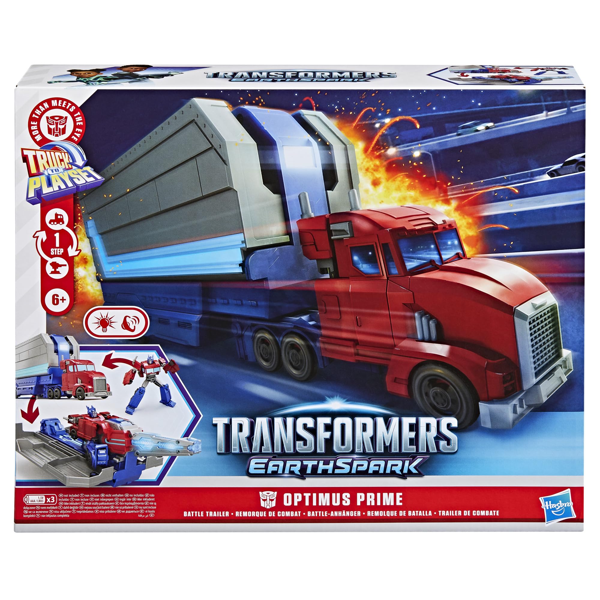 Transformers EarthSpark Optimus Prime Battle Trailer Playset with Action Figure, Lights and Sounds, Electronic Truck Toys for Kids 6 and Up
