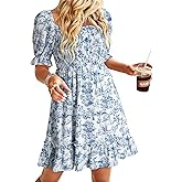 Dokotoo Womens Casual Summer Dresses Short Sleeve Square Neck Smocked Boho Floral Sundress Flowy A-Line Mini Dress