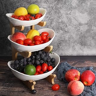 Obst Etagere Keramik 3 Stöckig Porzellan Obstteller 3 Etagen Obstschale mit Natürlichem Bambus Ständer Servierteller für Obst, Kuchen, Süßigkeiten