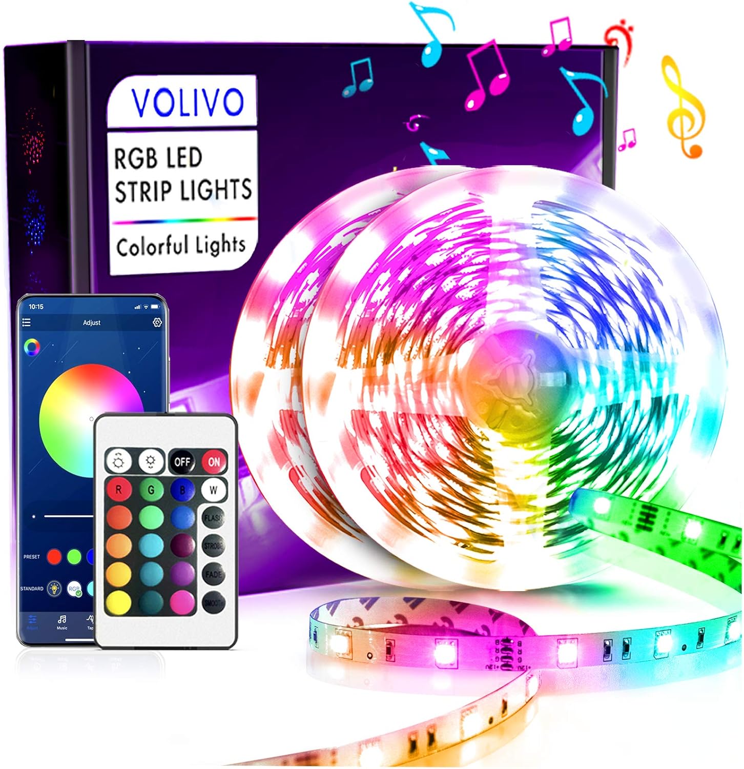 Volivo Bluetooth Led Strip Lights 50ft, Smart App Controlled Music Sync with Remote 5050 Rgb