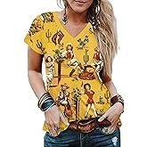 TOAOSET Women's Western Shirt Casual Cactus V-Neck T-Shirt Cowgirl Western Pattern Short Sleeve Loose Ladies Western Tops