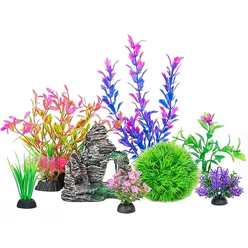 Ameliade Aquarium Artificial Plastic Plants Decorations and Rock Cave Decor  Set Goldfish Betta Fish Tank Accessories Small Large Fish Bowl Ornaments