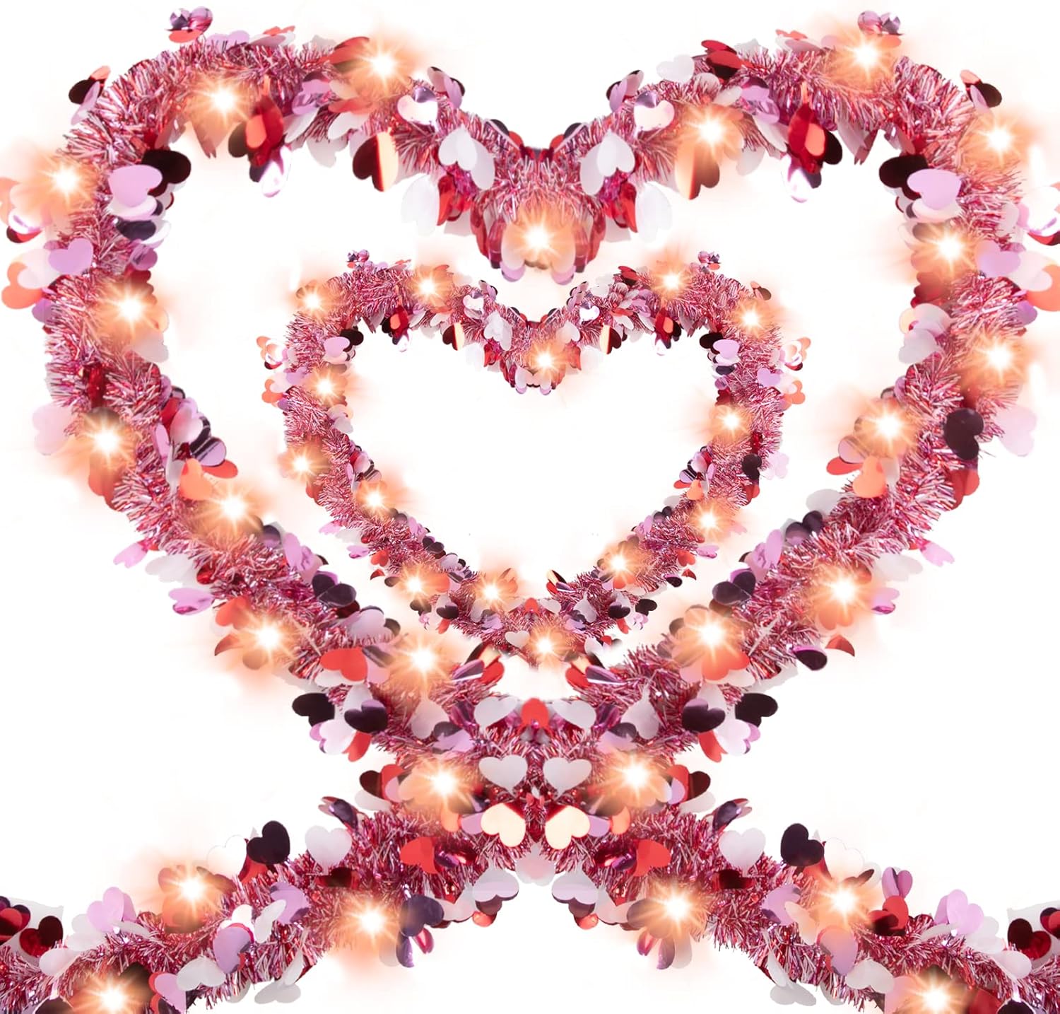 Wreaths, Garlands & Swags - 65.6ft Total LED Valentine Tinsel Garland, Heart Tinsel Garlands, Valentine Garlands with Lights for DIY Mantle Fireplace Window Valentines Tree Wedding Decorations, 2pcs