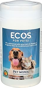 Earth Friendly Products ECOS Natural Pet Wipes, Pre-Moistened Towels, 70-Count Container