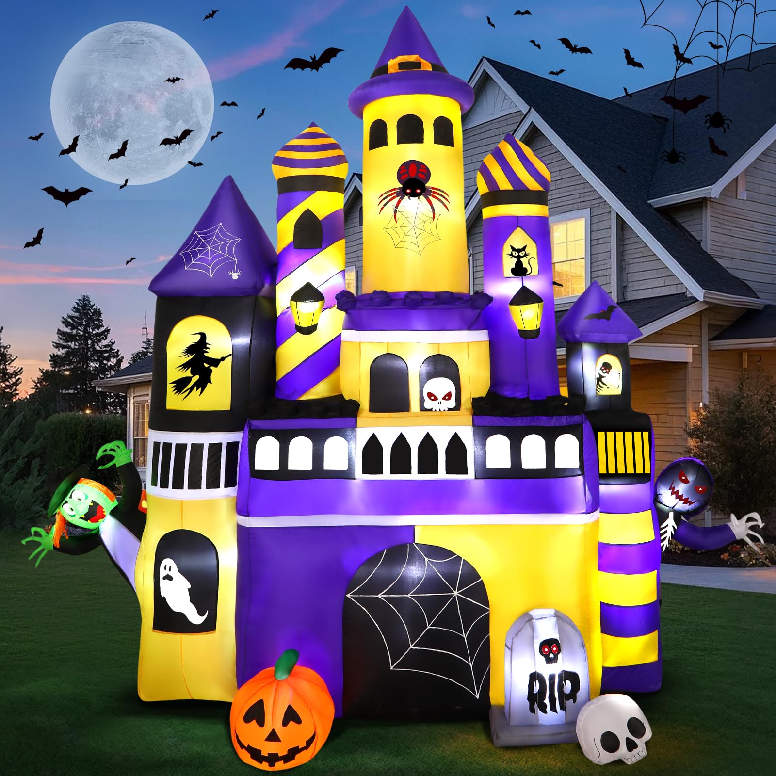 Photo 1 of Alupssuc Giant 11FT Halloween Inflatables Castle Outdoor Decoration,Halloween Large Blow Up Witch and Ghost with Built-in LED Lights for Indoor Front Yard Lawn Garden Party Decor, 11 FT