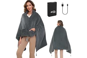 Heated Shawl Blanket Throw Battery Operated, Portable Electric Heated Poncho with Zipper and Pockets, 4 Heat Areas & 3 Hot Mo