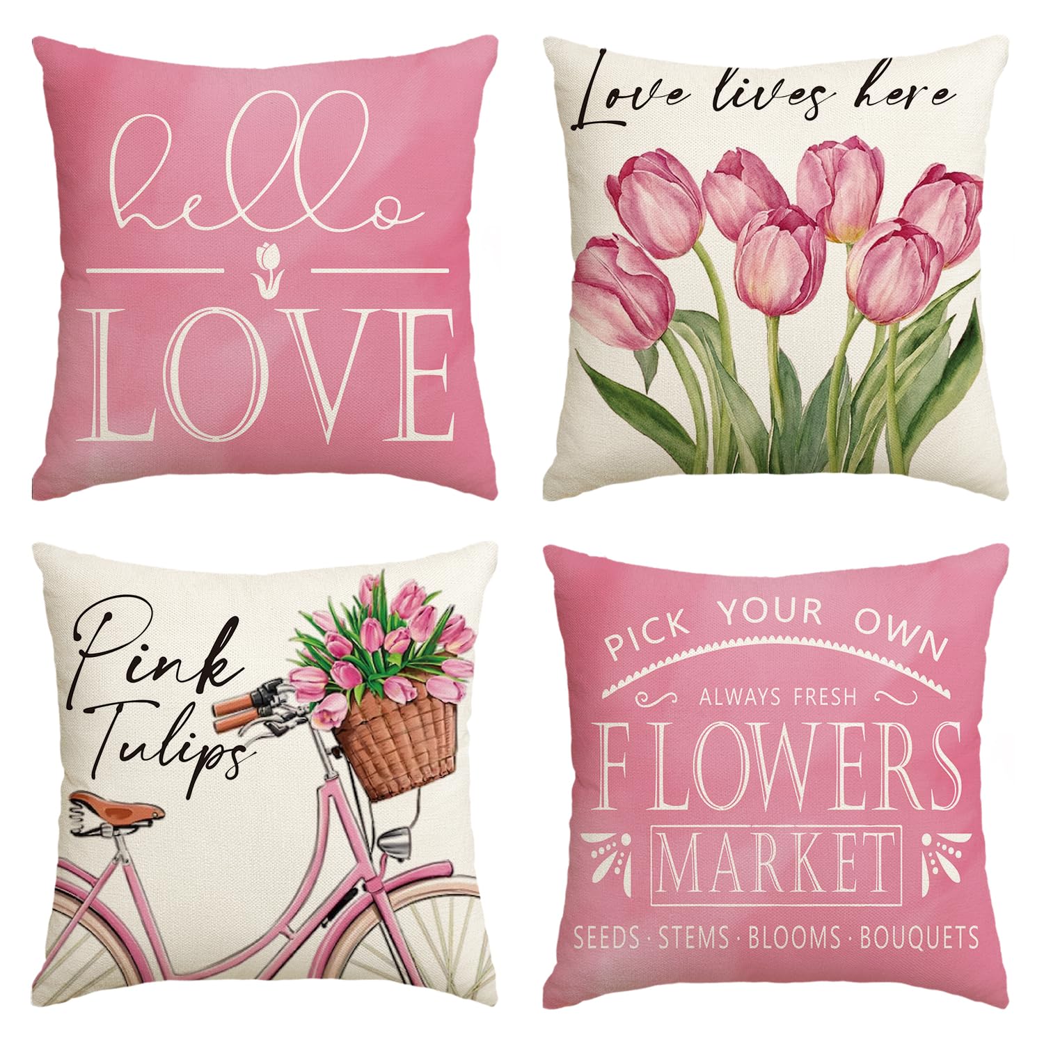 AVOIN colorlife Hello Love Pink Tulips Bicycle Throw Pillow Covers, 16 x 16 Inch Flowers Spring Mother's Day Cushion Case for Sofa Couch Set of 4