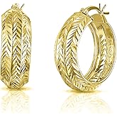 Savlano 18K Gold Plated 925 Sterling Silver Diamond Cut Round Hoop Earrings for Women