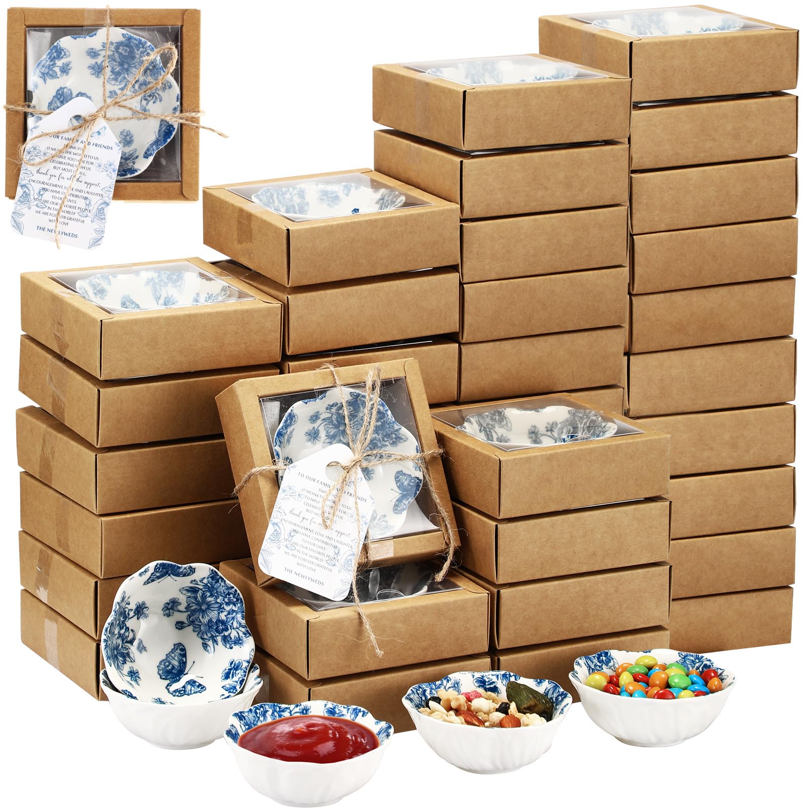 Photo 1 of 100 Pack Small Ceramic Bowls Bulk Gifts Set for Thanksgiving Christmas Wedding Favors for Guests, 3.3 Inch Blue Floral Mini Dipping Bowl Sauce Dish with Cards Box for Holiday Party Favor Souvenir