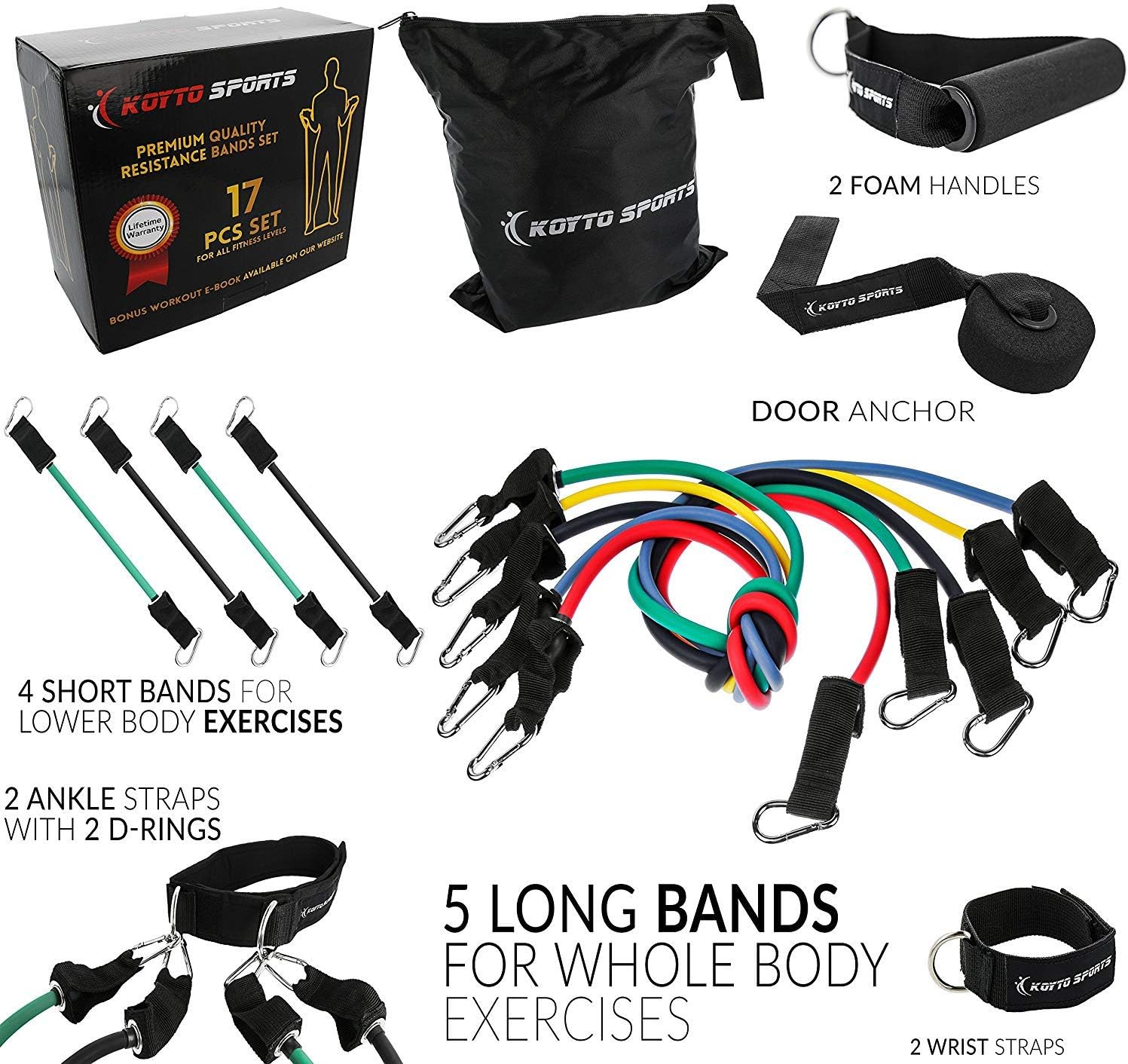Resistance Bands Set - 17 pieces Set of 5 Long Exercise Bands and 4 Short Ankle Bands with Door Anchor, 2 Wrist Straps, 2 Ankle Straps and E-book Manual