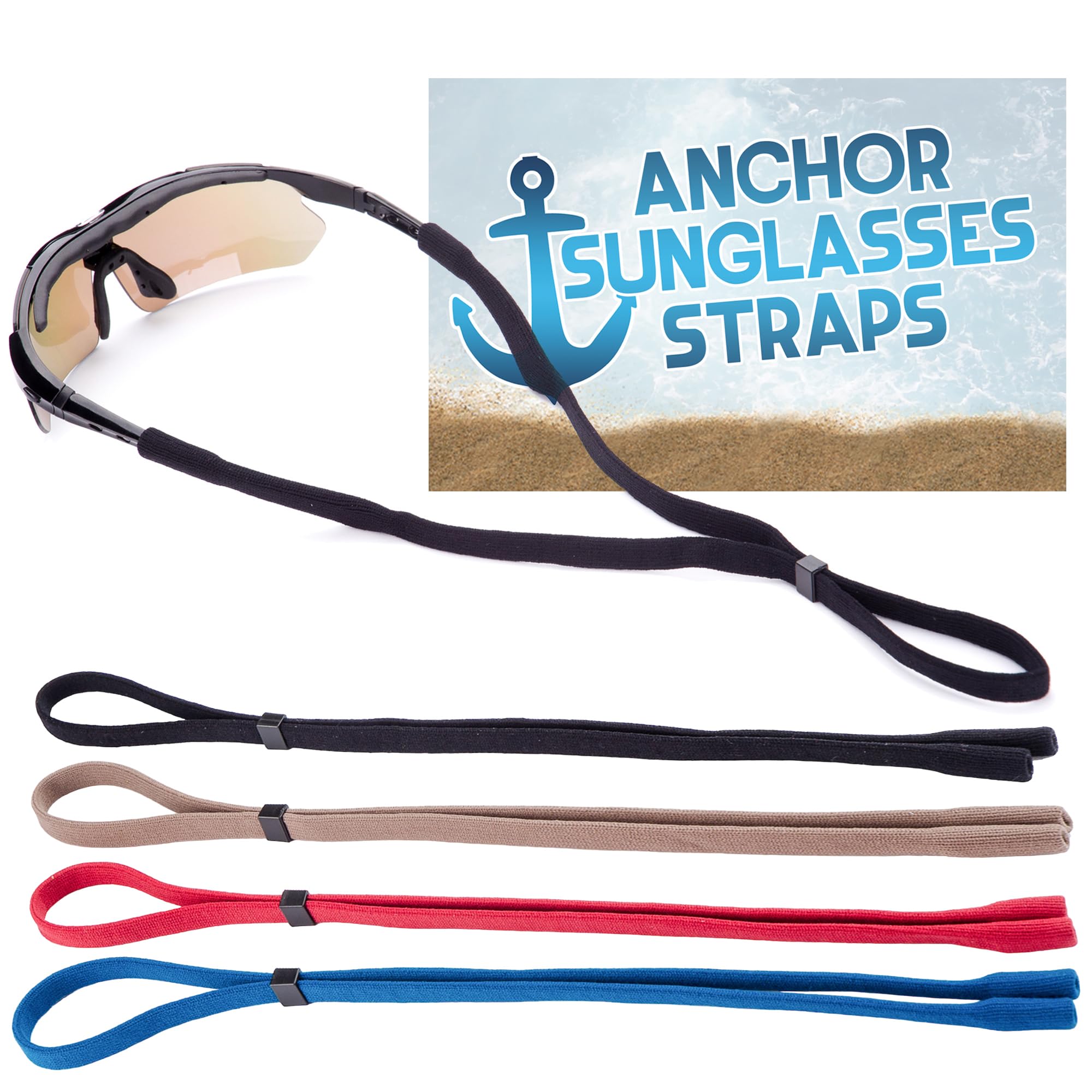 Anchor Glasses Straps Sunglasses Strap Sports Safety Glasses Holder 4pk with Bonus Sunglass Carrying Case and Cloth