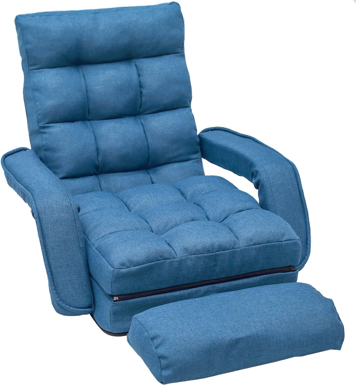 Folding Lazy Floor Chair Sofa Lounger Bed with Armrests and a Pillow (Blue)