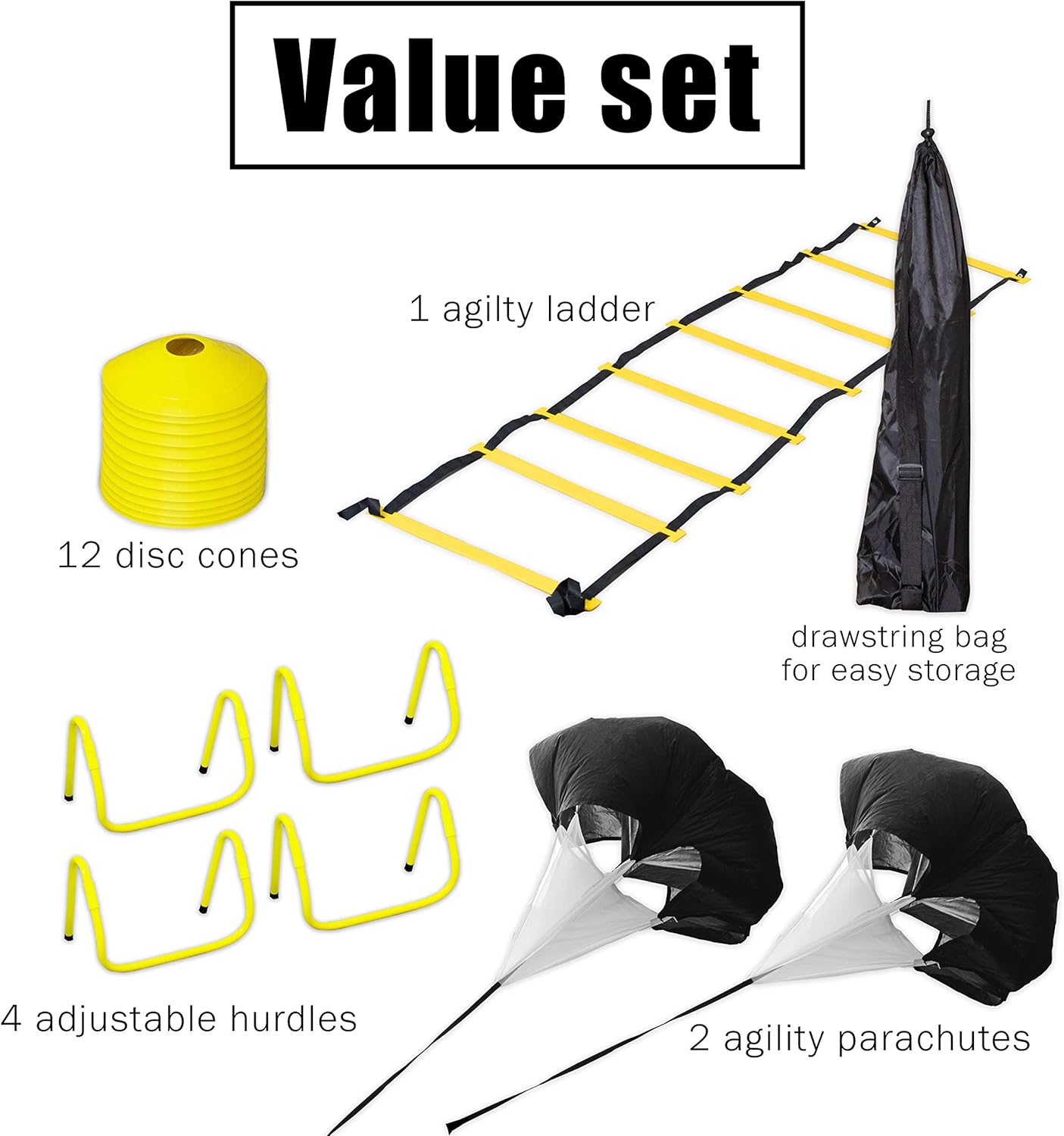 Upper Midland Products Agility Hurdles Ladder Set with 2 Running Parachutes Lacrosse Soccer Football Quarterback Speed Training Equipment : Sports & Outdoors