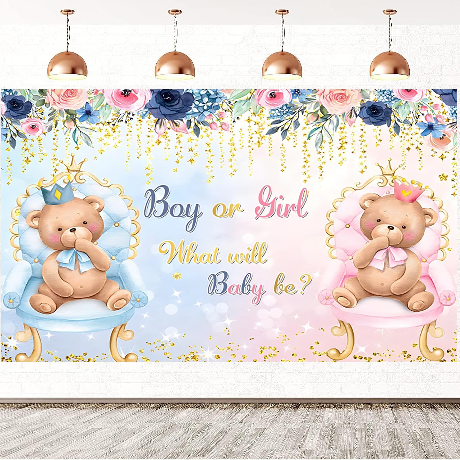 7x5FT Gender Reveal Backdrop Bear Boy or Girl What Will Baby Be Pink Or Blue Floral Glitter Photography Background Gender Reveal Party Cake Table Decorations Banner Photo Booth Props