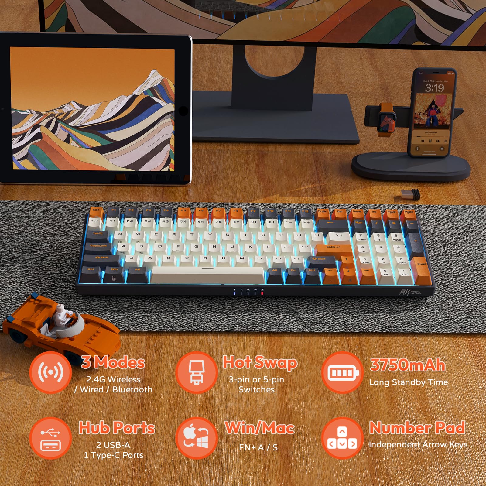 RK ROYAL KLUDGE RK100 Wireless Mechanical Keyboard RGB Backlit Bluetooth5.1/2.4G/Wired 96% Full Size 100-Key Hot Swappable Gaming Keyboard Blue Switch Carbon