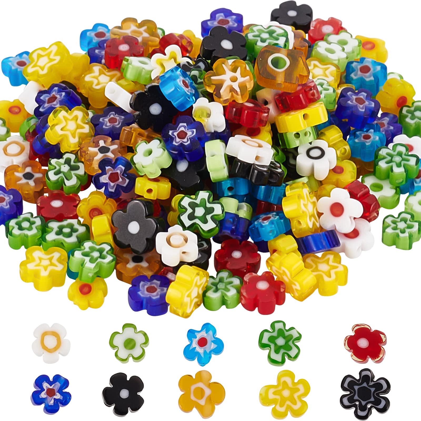 SUNNYCLUE 1 Box 200Pcs 10 Styles Handmade Millefiori Lampwork Glass Beads Flower Flat Round Loose Spacer Bead for DIY Necklace Bracelet Earring Jewelry Making Handmade Crafts — image 1