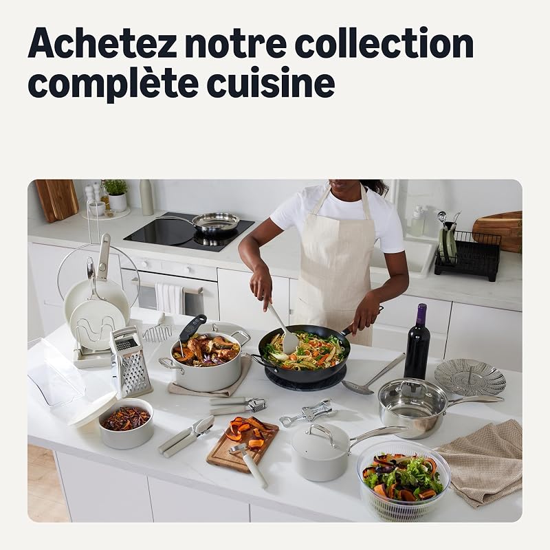 Lot de 8 Casseroles et Poêles Antiadhésives en Céramique, Compatible Lave-Vaisselle et Four, Compatible Tous Feux, Couleur Gris Lin