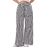Ziesexy 2026 Summer Striped Pants Women Loose Wide Leg Drawstring Pants Lightweight Low Rise Lounge Trousers with Pockets