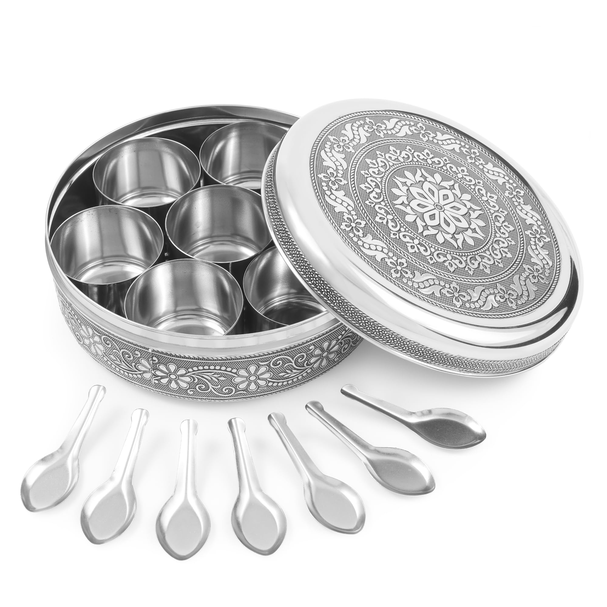 KSJONE Designer Spice Container Masala Dabba With 7 Compartments, Stainless Steel Indian Masala Box, 20cm