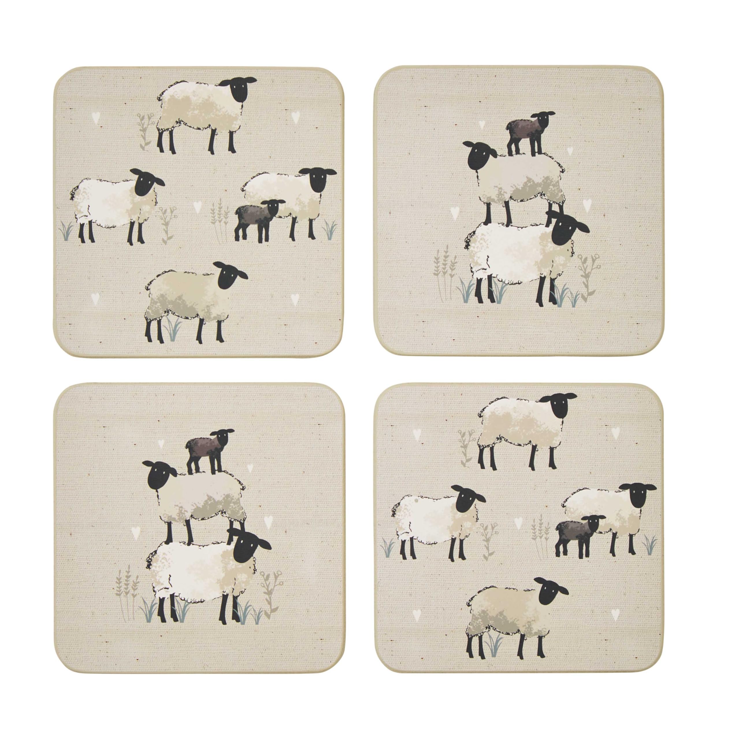 Cooksmart Pack of 4 Drink Coasters | British Designed Eco Cork Drinks Coasters For Modern Homes | Coasters For Drinks For All Types of Cups & Mugs - Highland Sheep