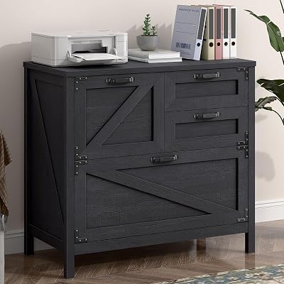 Vabches Wood Lateral File Cabinet with 4-Drawer for Hanging Files Letter/A4/Legal Size, Large Farmhouse Filing Cabinets for Home Office, Printer Stand with Office Cabinet, Office Furniture, Black