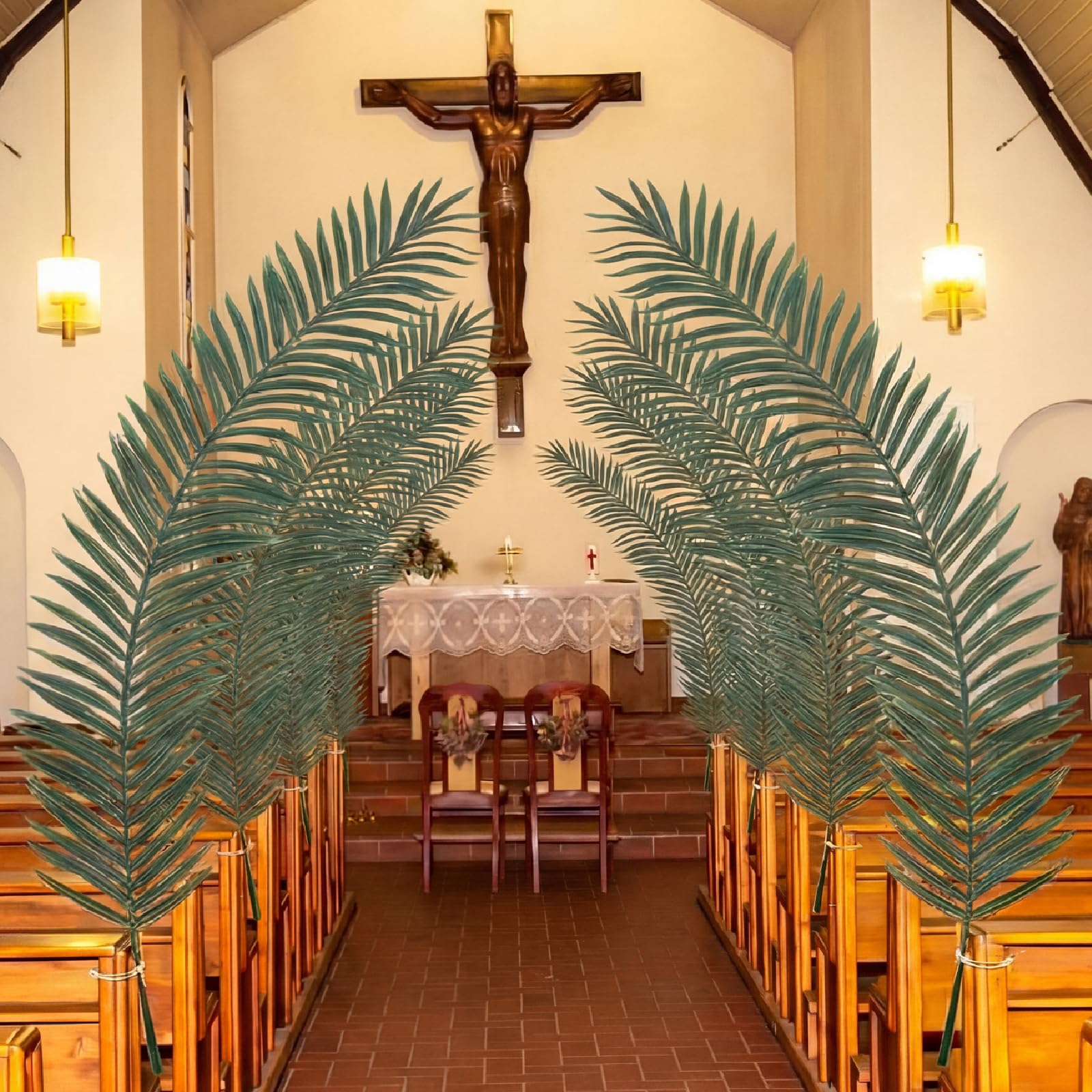 Photo 1 of Giegxin 6 Pcs 55" Artificial Palm Leaves for Palm Sunday Faux Large Fronds with Faux Stems Large Fake Tropical Plant Artificial Safari Leaves for Church Religious Holy Week Jungle Party Decoration