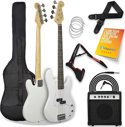 3rd Avenue Full Size 4/4 Electric Bass Guitar Beginner Pack 15W Amp White