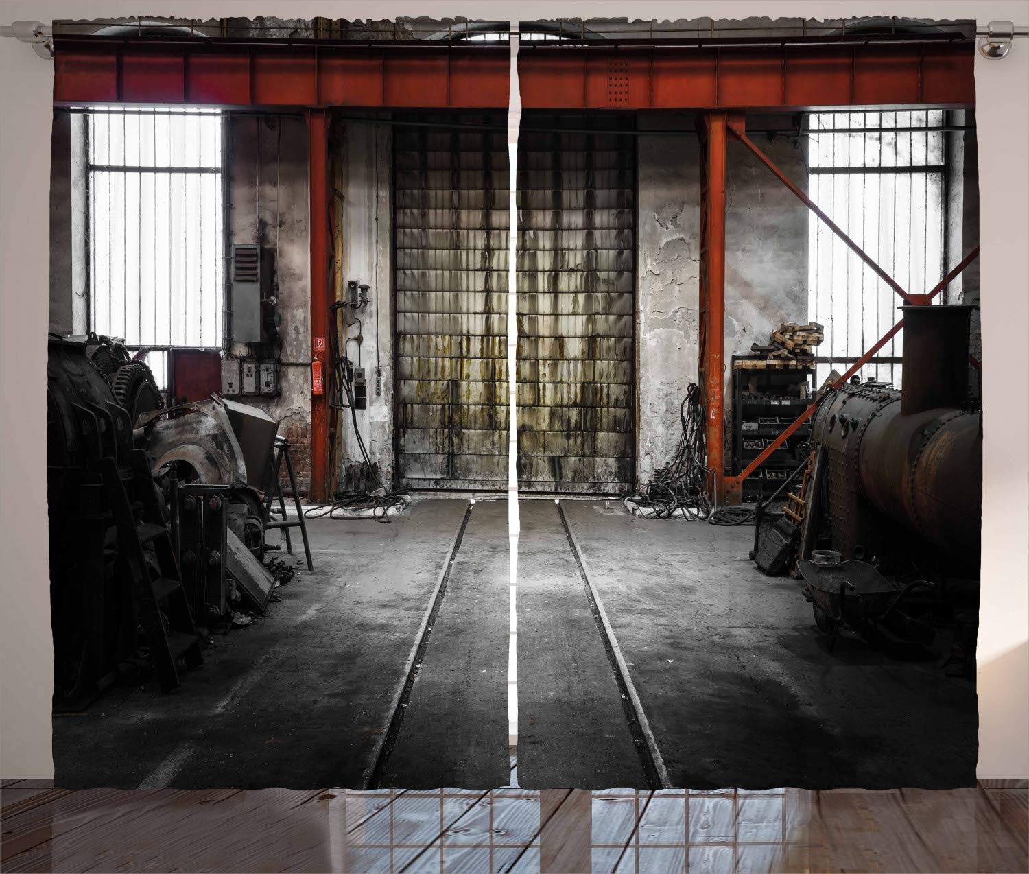 ABAKUHAUS Industrial Curtains, Rusty Storage Warehouse with Big Gate Doorway Aged Structure Machines Image, Living Room Bedroom Window Drapes 2 Panel Set, 280 x 260 cm, Red Gray