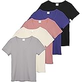 Real Essentials 5 Pack: Women's Ribbed V-Neck T-Shirt Short Sleeve Tee Shirt Soft Casual Lounge Everyday Top Ladies Teens