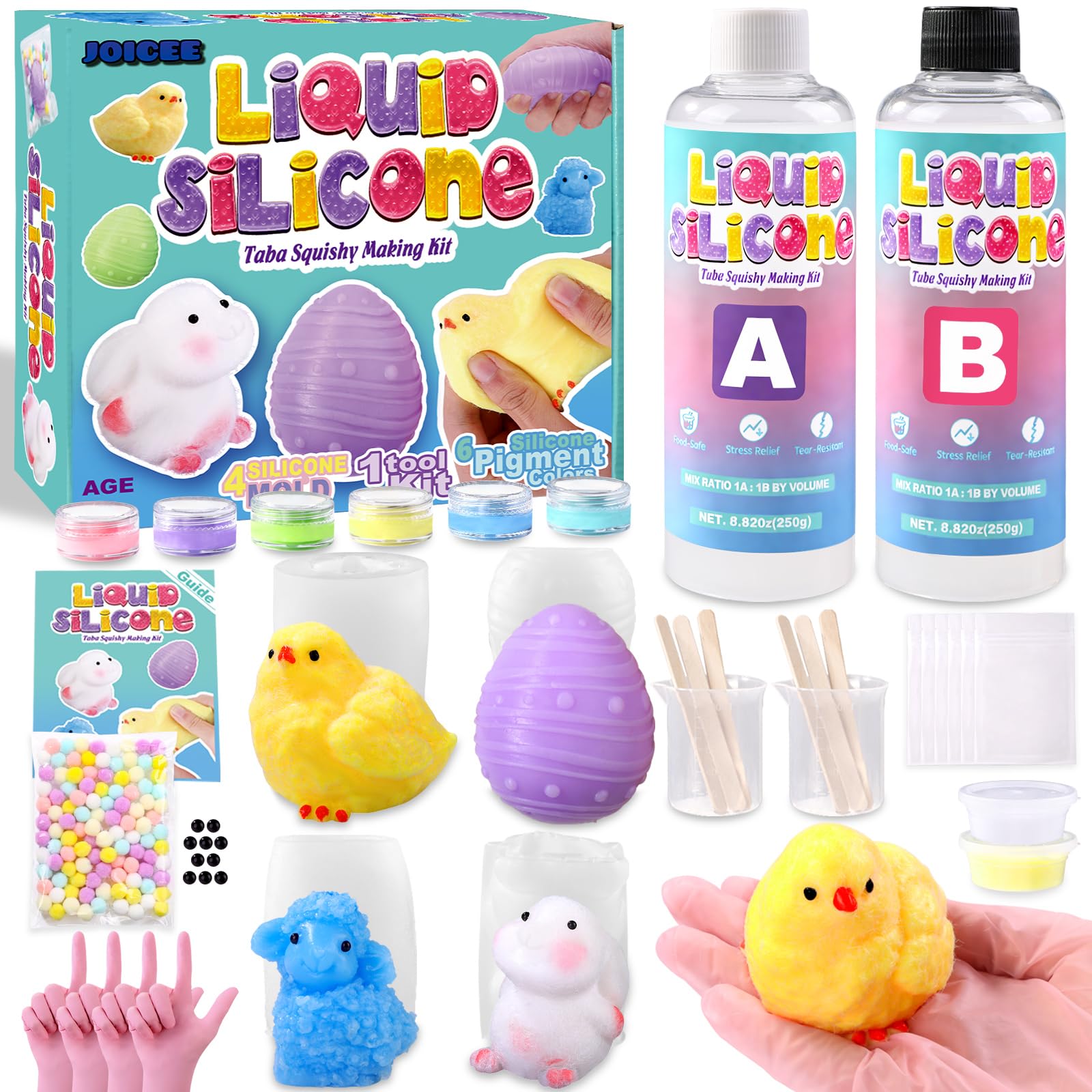 JOICEE Easter Taba Squishy Kit, Taba Squishy Making Kit 18OZ Bubble Free Liquid Silicone with 4 Molds for Making Your Own Squishies Kits Easter Crafts Kit Party Favors Stress Relief Toys Gifts