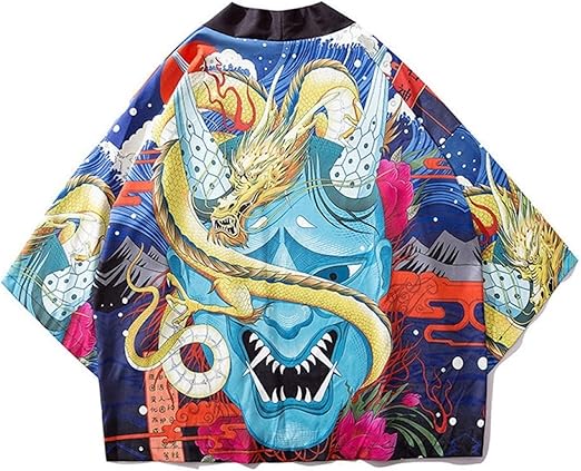 Amazon Co Jp 日本の浮世絵レトロ漢服ドラゴンローブ七分袖オープン裏地ボタンを外しルーズシャツジャケットピクチャーカラー Zhaozb Color Picture Color Size L ホーム キッチン