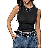 RoseSeek Women's Sheer Mesh Mock Neck Tank Tops Ruched Sexy Sleeveless Crewneck Crop Tops Y2k See Through Going Out Tops