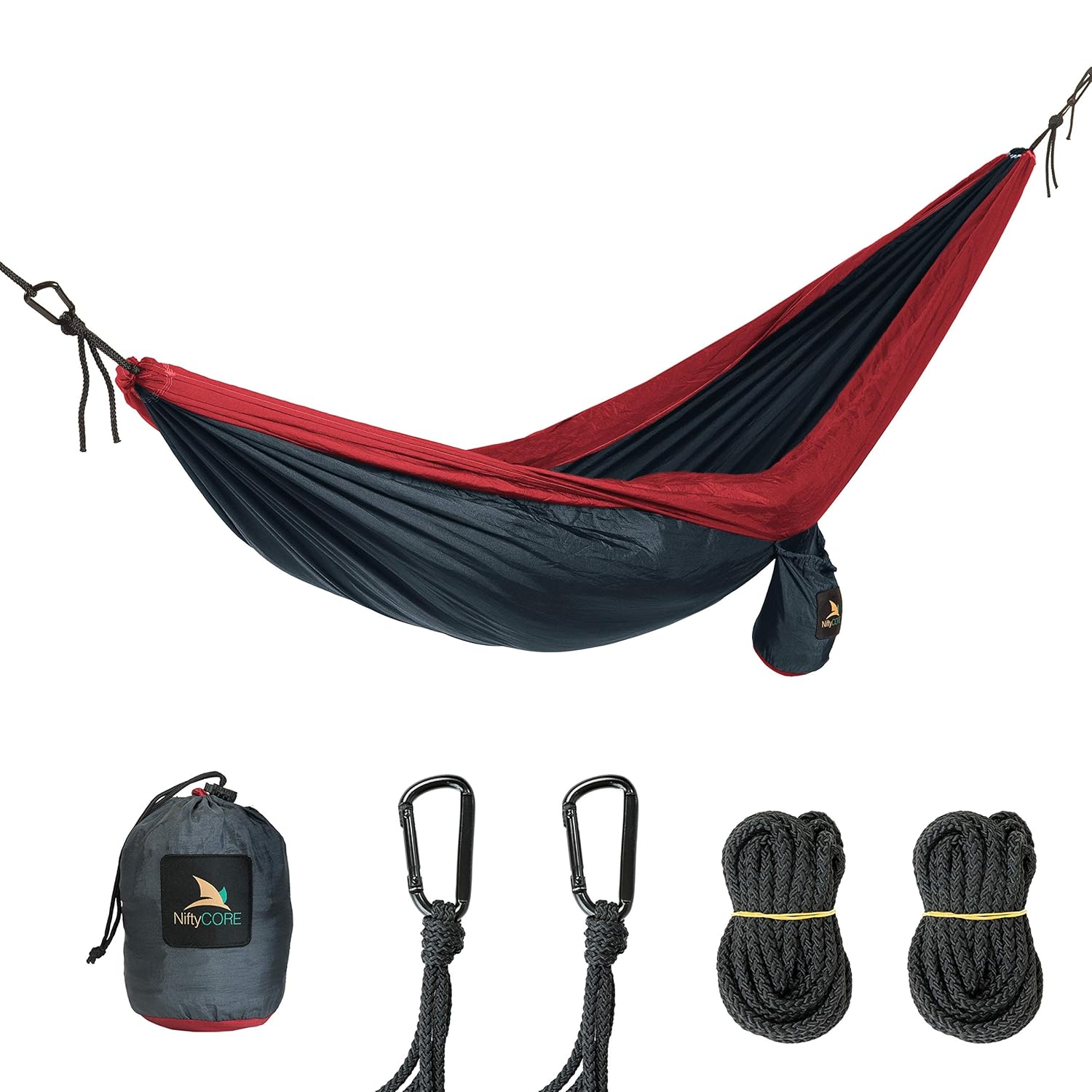 プレミアムキャンピングハンモック Niftycore ポータブル B075rxzywx Red Crimson Gray Dim Single ロープ付き カラビナ 収納バッグ 庭 ビーチ 旅行 バックパッキング ツリーハンギング 屋外 パラシュートナイロン 高耐久 軽量 ハンモック 現品限り一斉値下げ