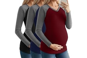 Velvelhall 3 Pack Women's Maternity Shirts, Raglan Long Sleeve V Neck Cotton Maternity Tops Side Ruched Pregnant Clothes