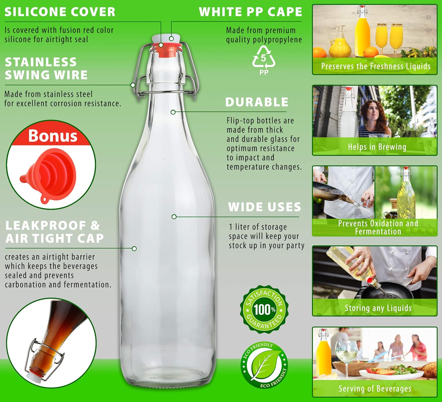 Flip Top Glass Bottle [1 Liter / 33 fl. oz.] [Pack of 6] – Swing Top Brewing Bottle with Stopper for Beverages, Oil, Vinegar, Kombucha, Beer, Water, Soda, Kefir – Airtight Lid & Leak Proof Cap – Clear: Kitchen & Dining