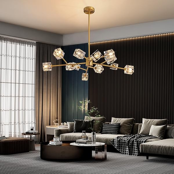 HLMRCHEN GOLD DINING ROOM CHANDELIER,CRYSTAL MODERN CHANDELIERS, 12 LIGHTS SPUTNIK KITCHEN DINING ROOM LIGHT FIXTURE(36″