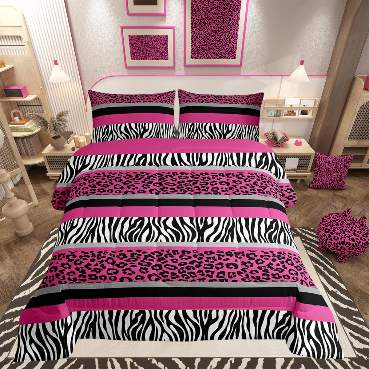 Zebra Stripes Leopard Duvet Set For Kids Boys Girls Pink Black White Zebra Leopard Fur Bedding Set Ultra Soft Wild Animal Skin Texture Down Comforter Single Size