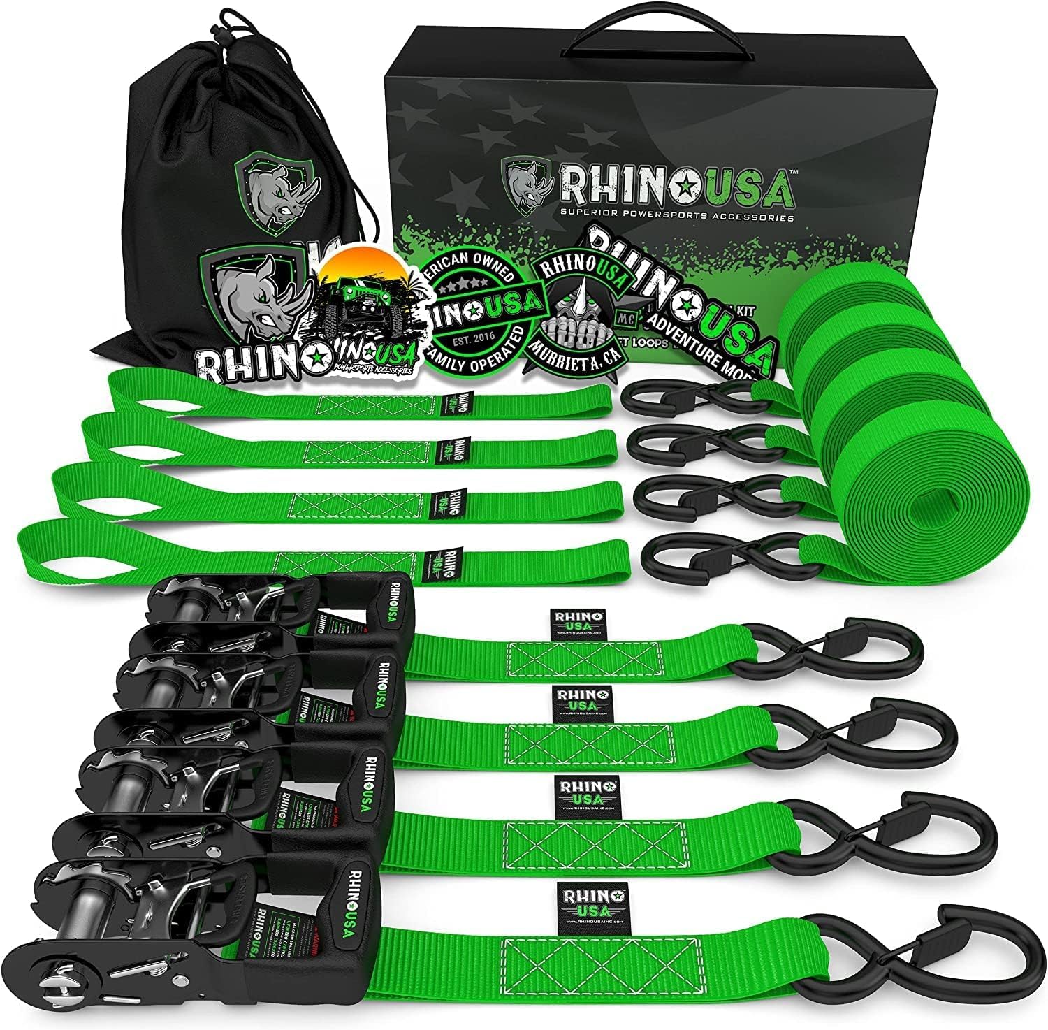 Rhino USA Ratchet Straps Tie Downs (4-Pack) - 2.5cm x 4.6m (800kg Break Strength) - Ultimate Tie Down Straps with Safety S Hooks - Premium Straps for Trucks, Cargo, Moving, Appliances - Green