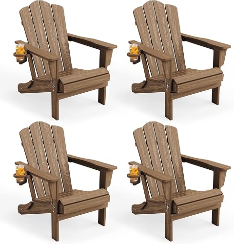 KINGYES Folding Adirondack Chair Set of 4 with Cup Holder, Brown | HDPE All-Weather Patio Chairs, Wooden Textured Lawn Chair for Poolside, Backyard, Deck, Fire Pit